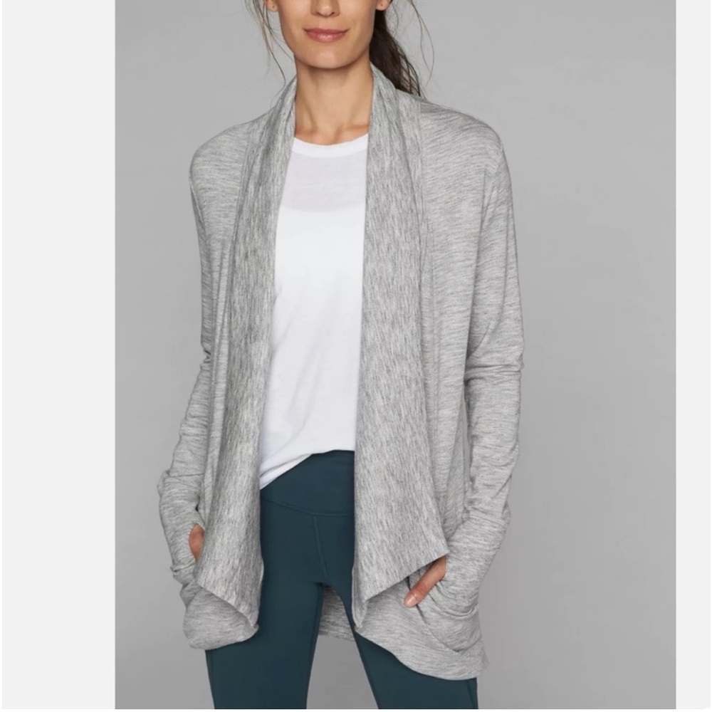 Athleta Pranayama Wrap Open Front Draped Duster Cardigan Marled Heather Grey XS